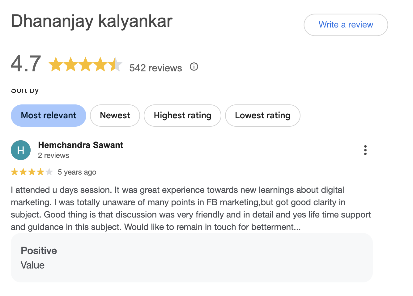 Hemchandra Sawant Google review on digital marketing session