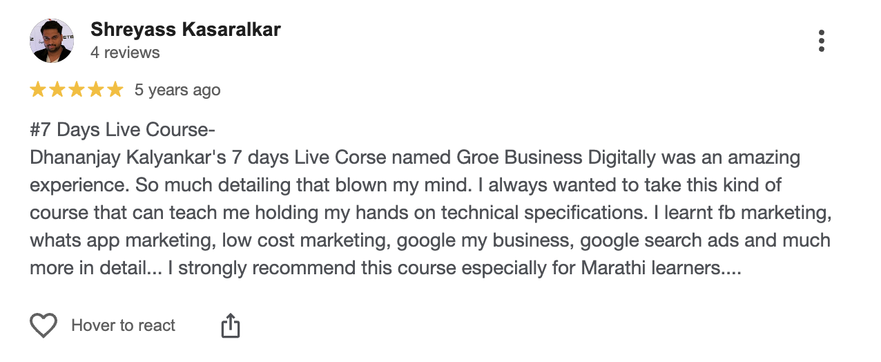 Shreyass Kasaralkar Google review, 7 Days Live Course experience