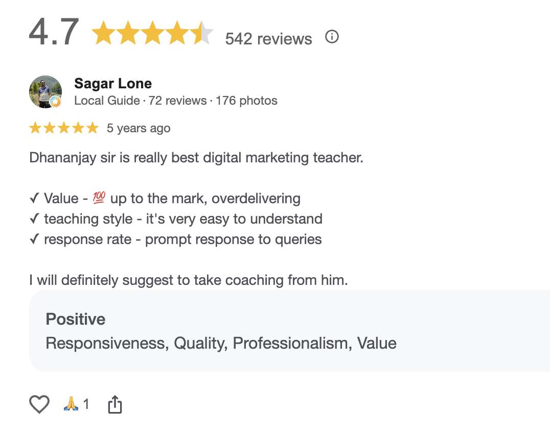 Sagar Lone Google review, best digital marketing teacher