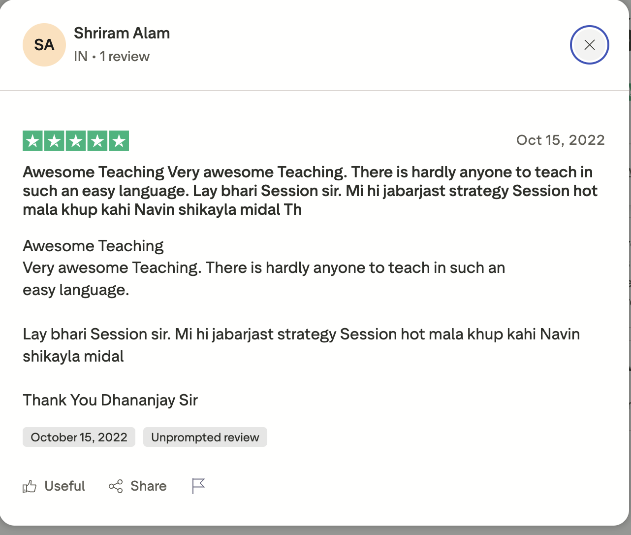 Shriram Alam Trustpilot review, Awesome Teaching