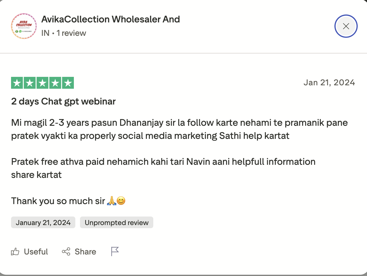 AvikaCollection Trustpilot review on 2 days ChatGPT webinar